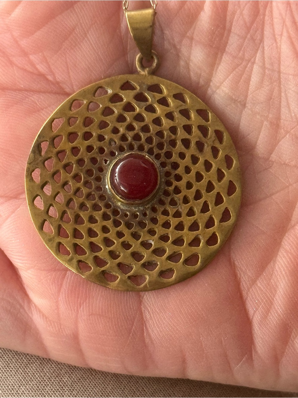 Source‎ Unknown Brass Filigree Pendant Necklace with Red Cabochon